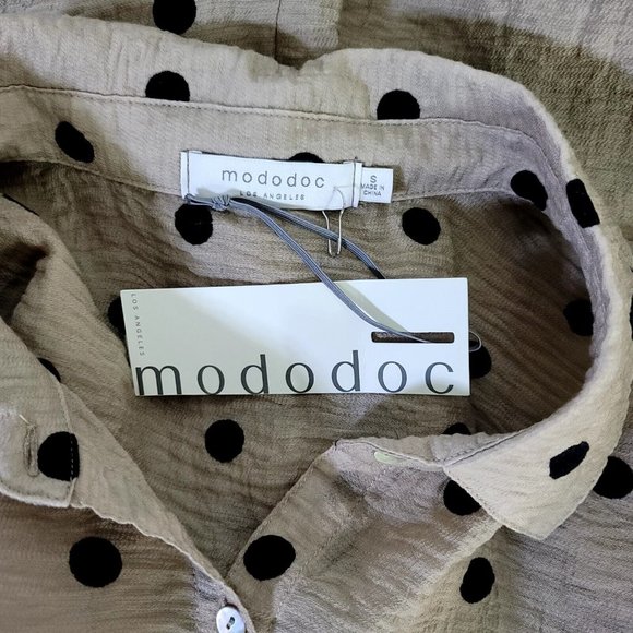 Mododoc Womens S Tan Black Polka Dot Gauze‎ Knit Button Front Oversized Popover - Picture 5 of 6